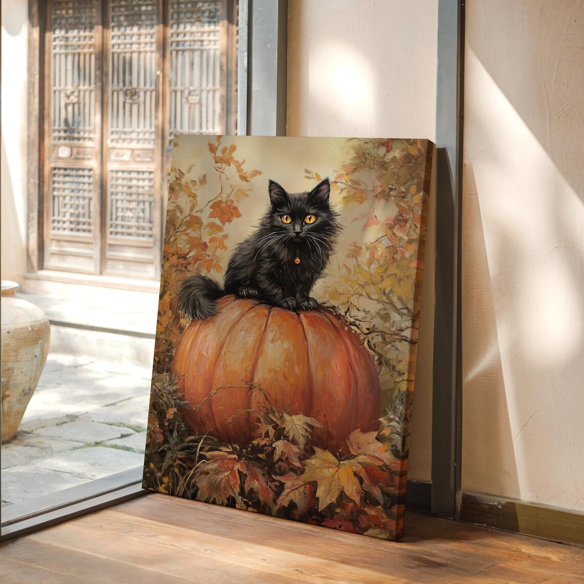 Black Cat on Pumpkin, Autumn Harvest Decor
