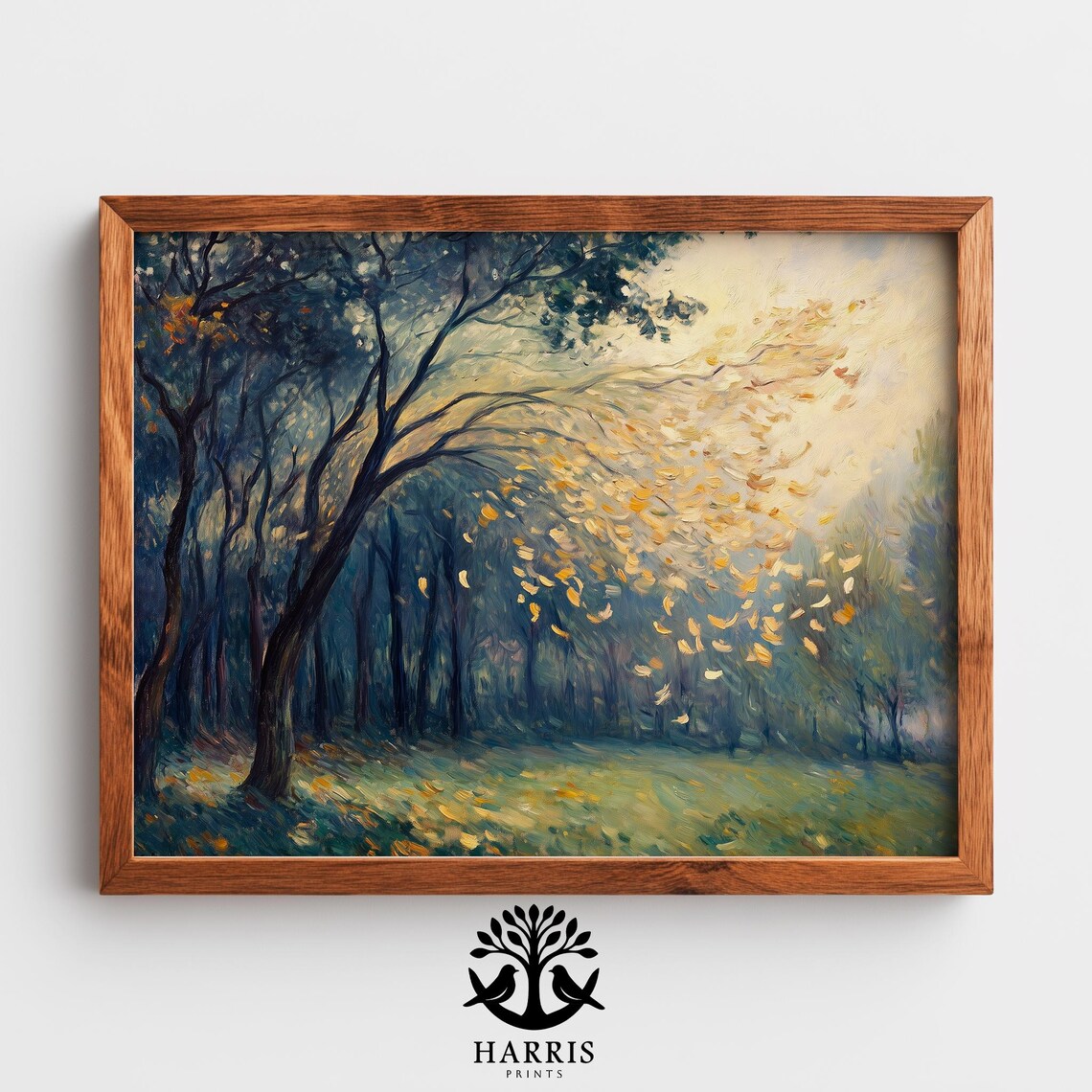 Autumn Trees Golden Leaves Blowing Forest Oil Painting Print