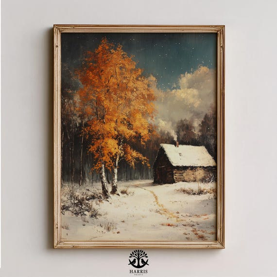 Vintage Winter Cabin Painting Snowdusted Cottage Cozy Rustic Birch Trees Timeless Farmhouse Wall Art 375