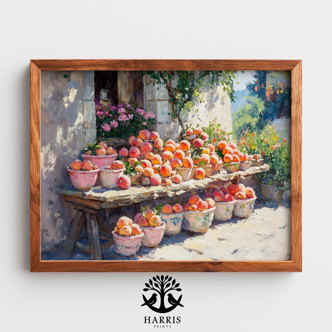 Peach Market Stand Sunlit Oil Painting European Village Wall Art