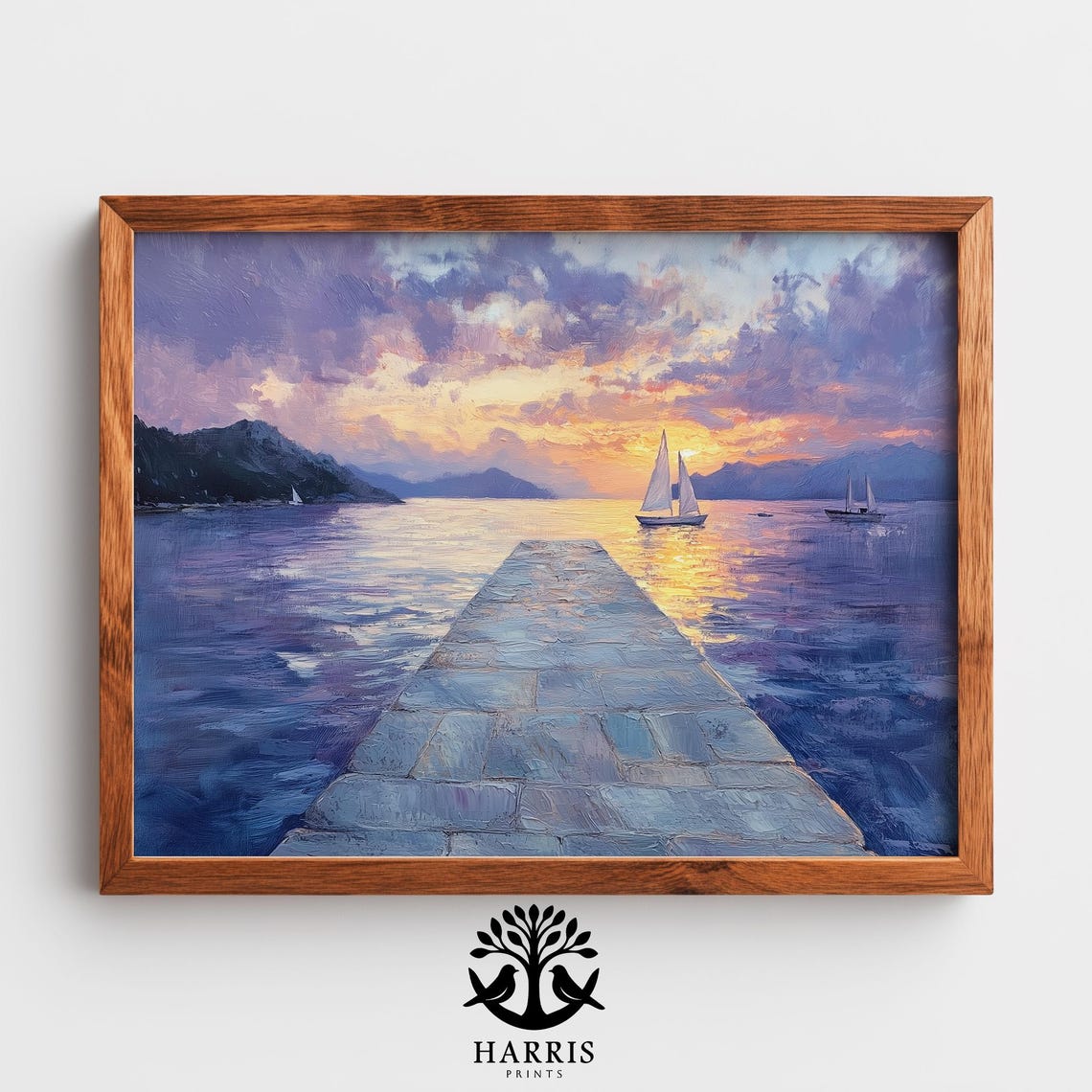 Sunset Sailboats Stone Pier Ocean Oil Painting Seascape Wall Art