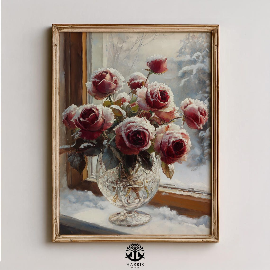 Frost Tipped Red Roses Crystal Vase Winter Still Life Art Print