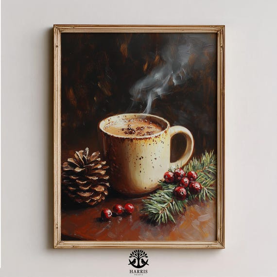 Rustic Winter Mug With Spice Cocoa Cozy Festive Farmhouse Stilllife Pinecone And Evergreen Warm Holiday Wall Art 438