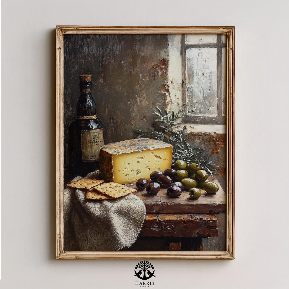 Rustic Farmhouse Kitchen Smoked Cheese Olives Wine Still Life Print