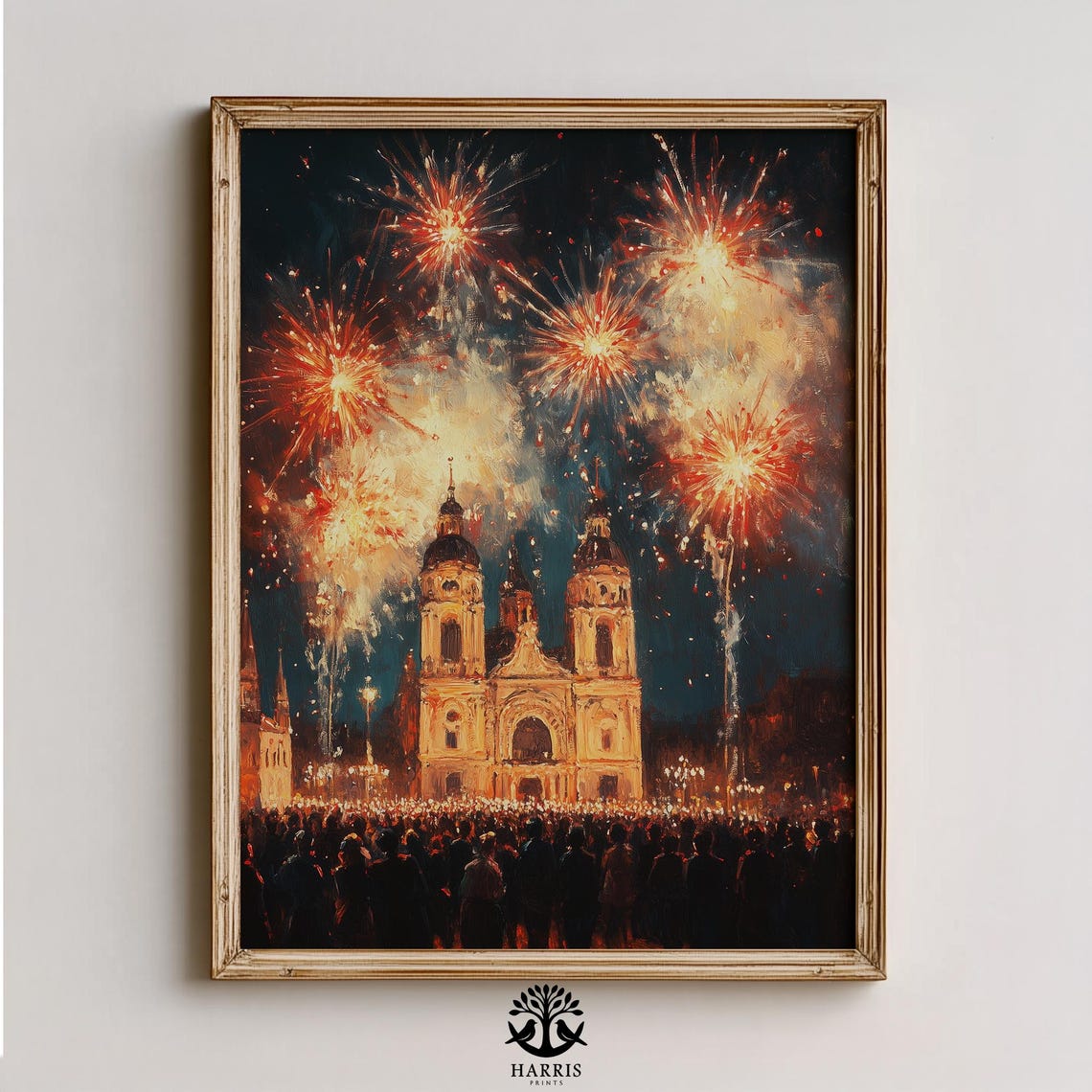 Grand Cathedral At Night Fireworks Over Festive Crowd Art Print