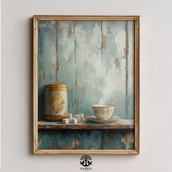 Vintage Tea Tin Floral Teacup Sugar Cubes Cozy Kitchen Art Poster