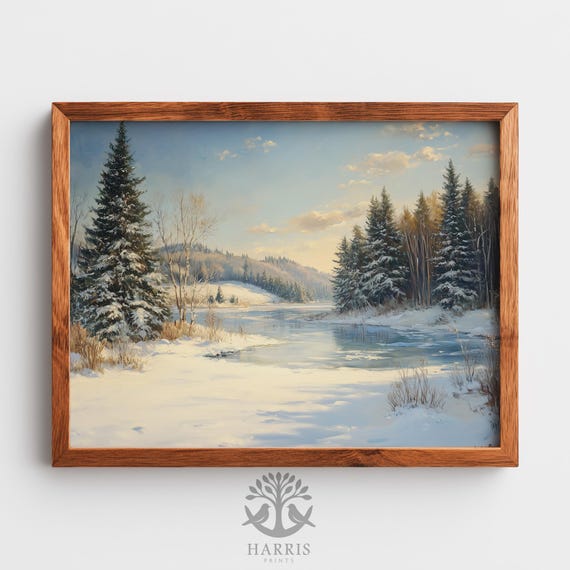 Serene Snowy Valley With Frozen Lake Winter Painting Classic Peaceful Scene Vintage Countryside Landscape Wall Art 543