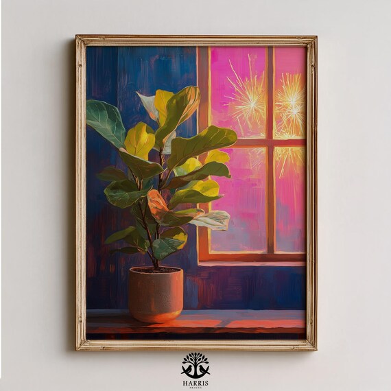 Rustic Moody Botanical Art With Fiddle Leaf Cozy Contemporary Wall Decor Warm Sunset Glow Plant Painting Instant 383
