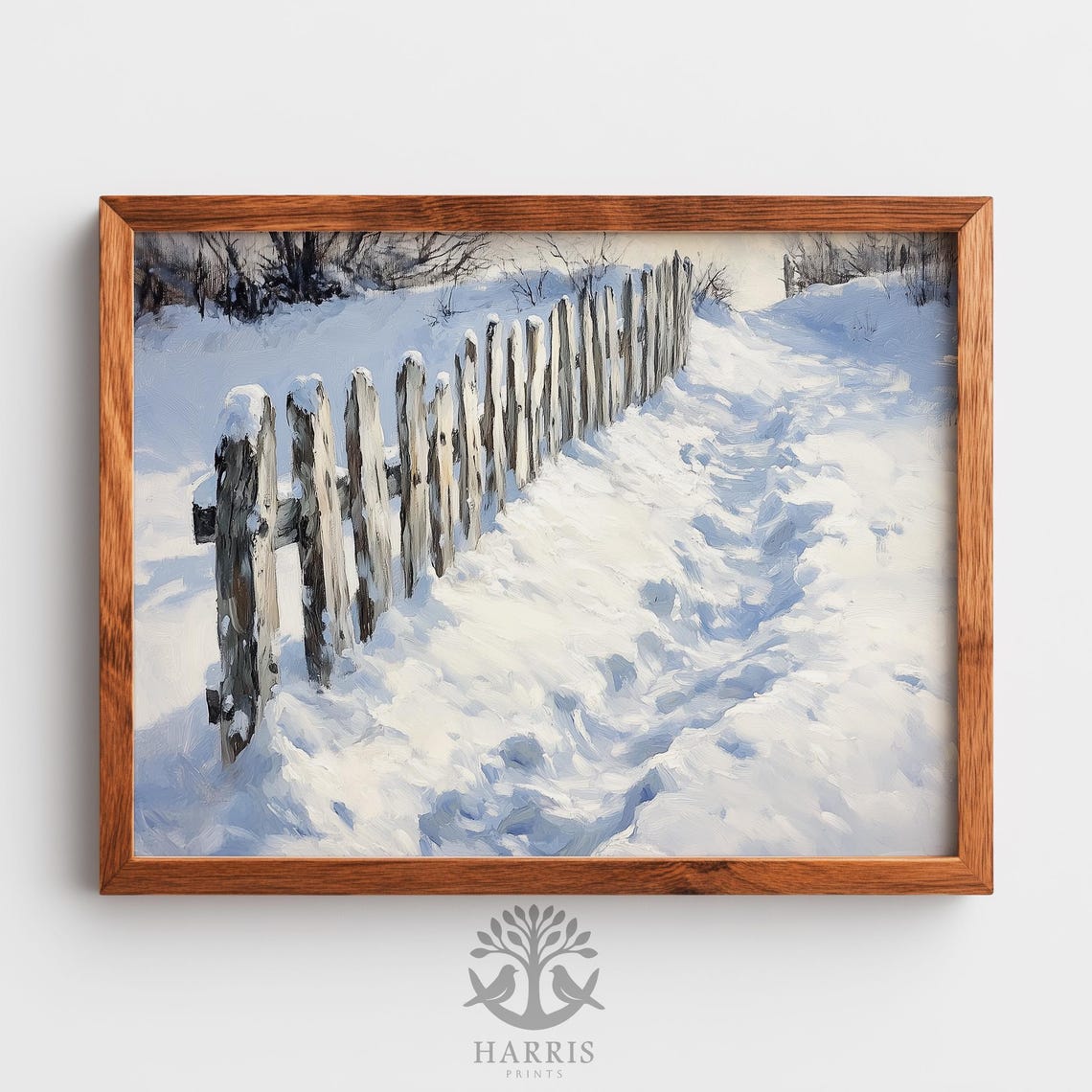 Snow Covered Wooden Fence Country Path Vintage Winter Landscape Poster
