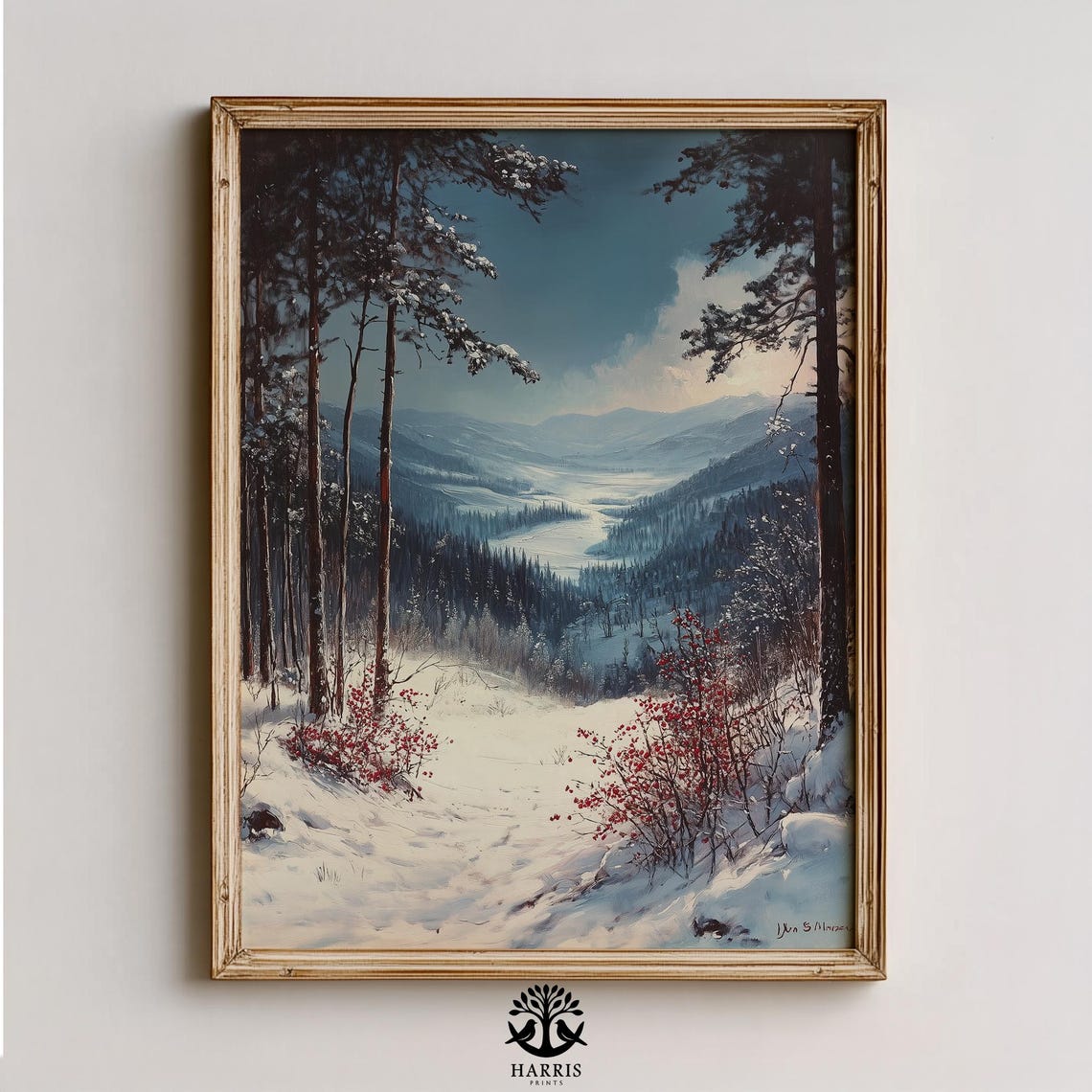 Moody Winter Mountain Ravine Snowy Valley Pines Vintage Art Poster