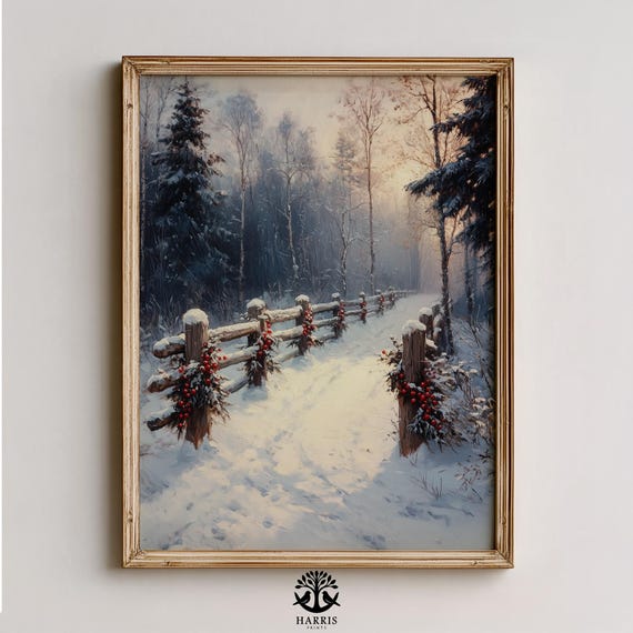 Rustic Winter Forest Scene Weathered Wooden Fence Cozy Vintage Landscape Art Snow Trail Festive Holiday Decor 469