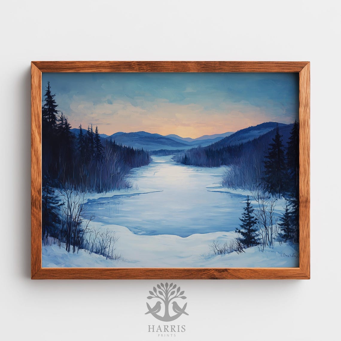 Frozen Lake Twilight Blue Mountains Winter Landscape Poster Art