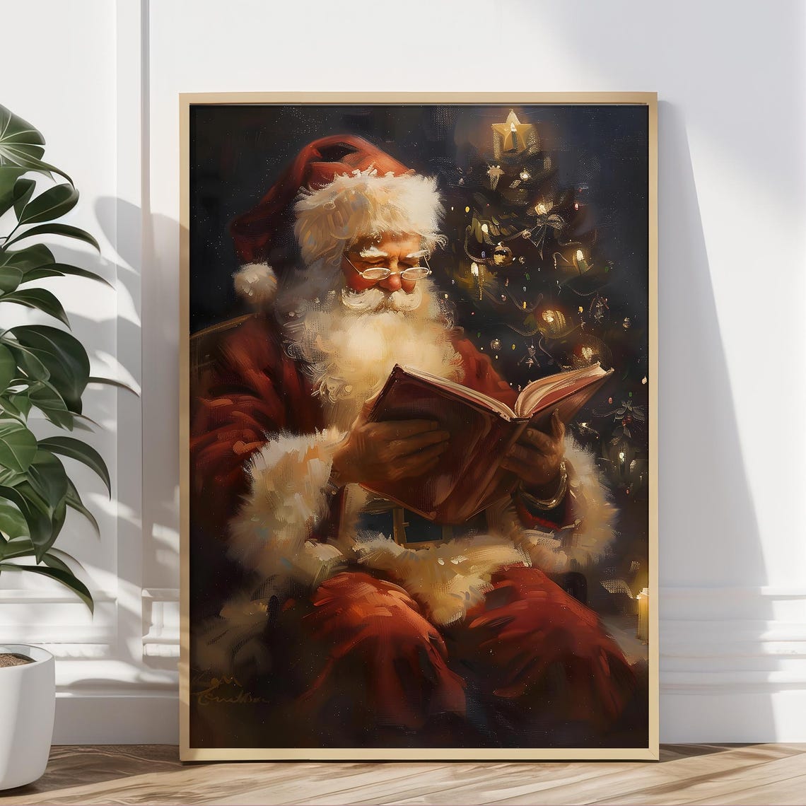 Santa Claus Reading Book By Christmas Tree Candlelight Wall Art Print - Image 5