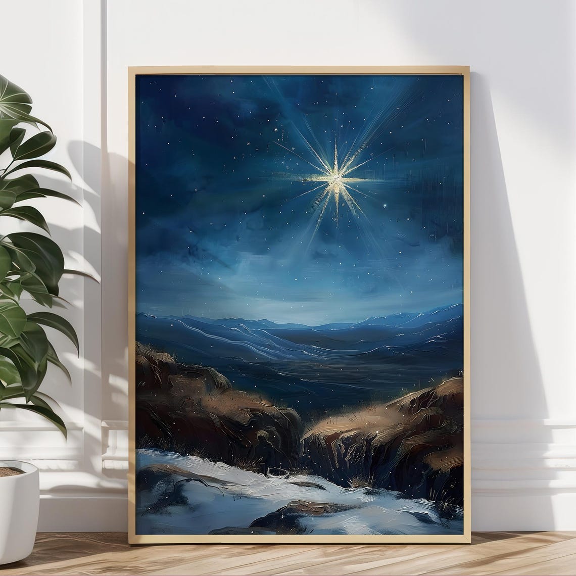 Bright Star Over Snowy Mountains Bethlehem Night Sky Wall Art Print - Image 5