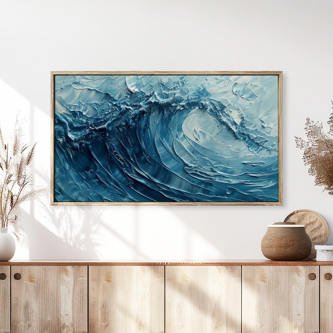 Deep Blue Ocean Swirl Impasto Abstract Wave Painting Wall Art - Image 4