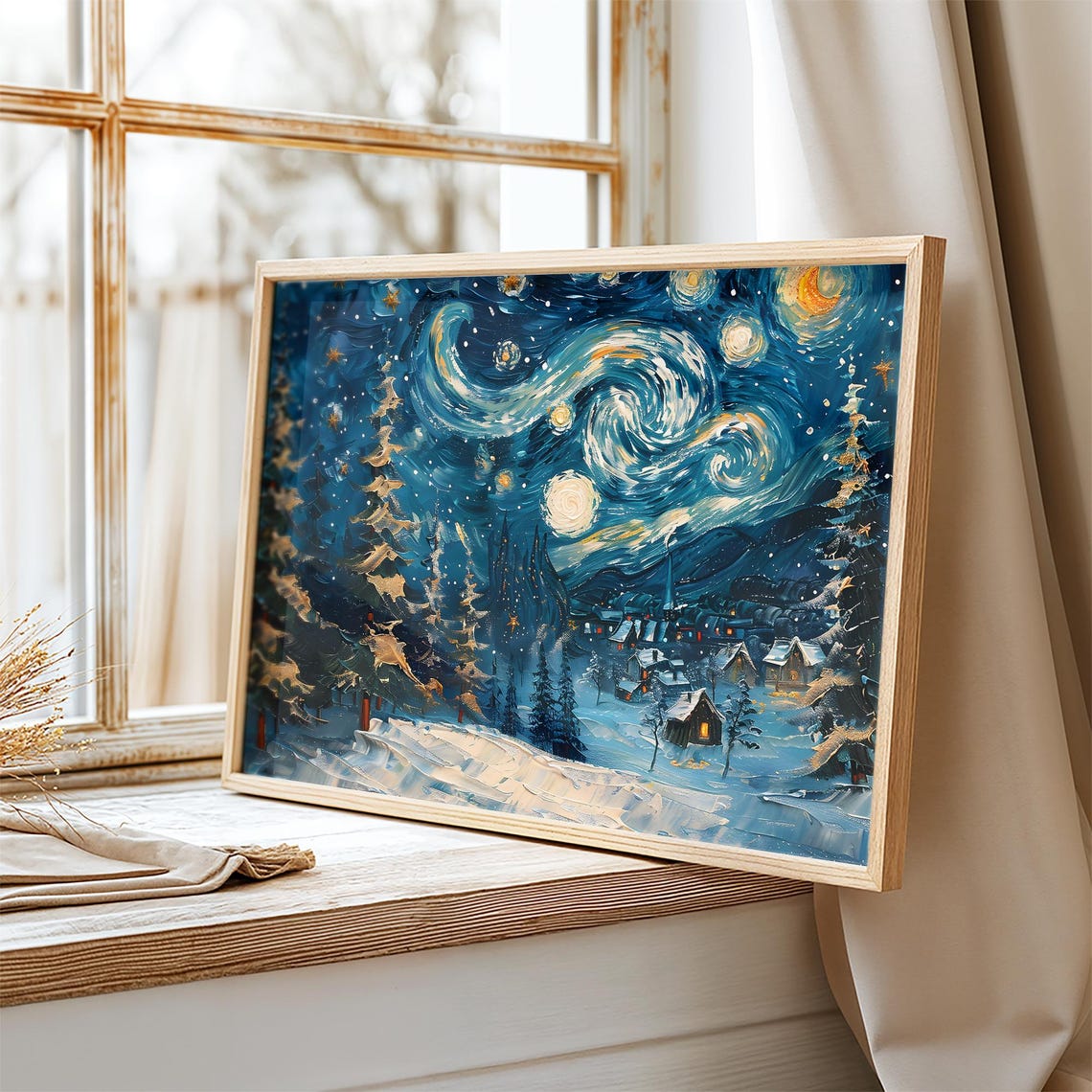 Swirling Starry Night Village Winter Snow Impasto Style Wall Art Print - Image 2