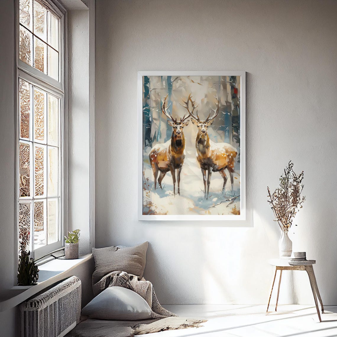 Two Stags Standing in a Misty Snowy Forest Vintage Art Poster - Image 2