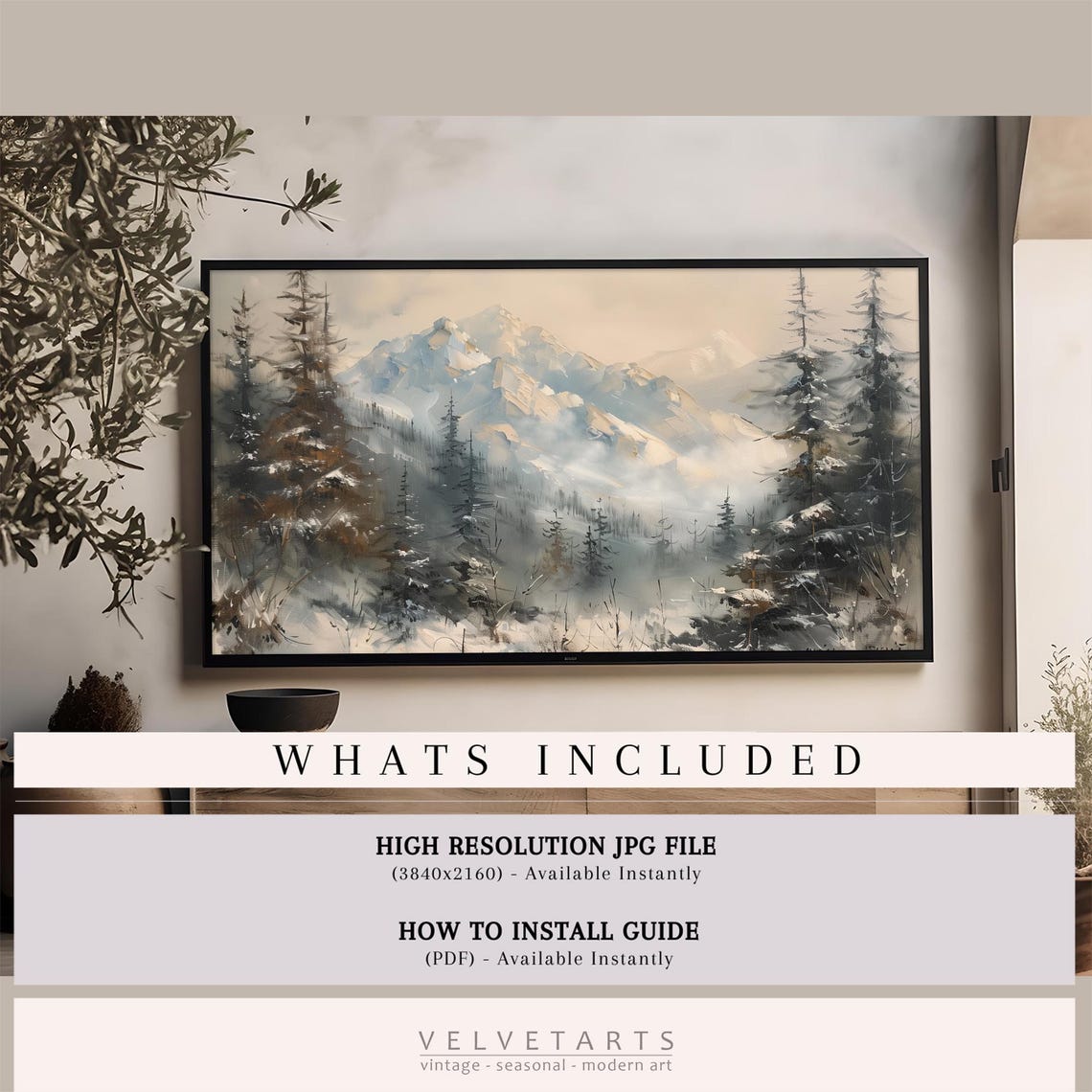 Snow Covered Mountain Peaks and Pines in Soft Mist Winter Poster