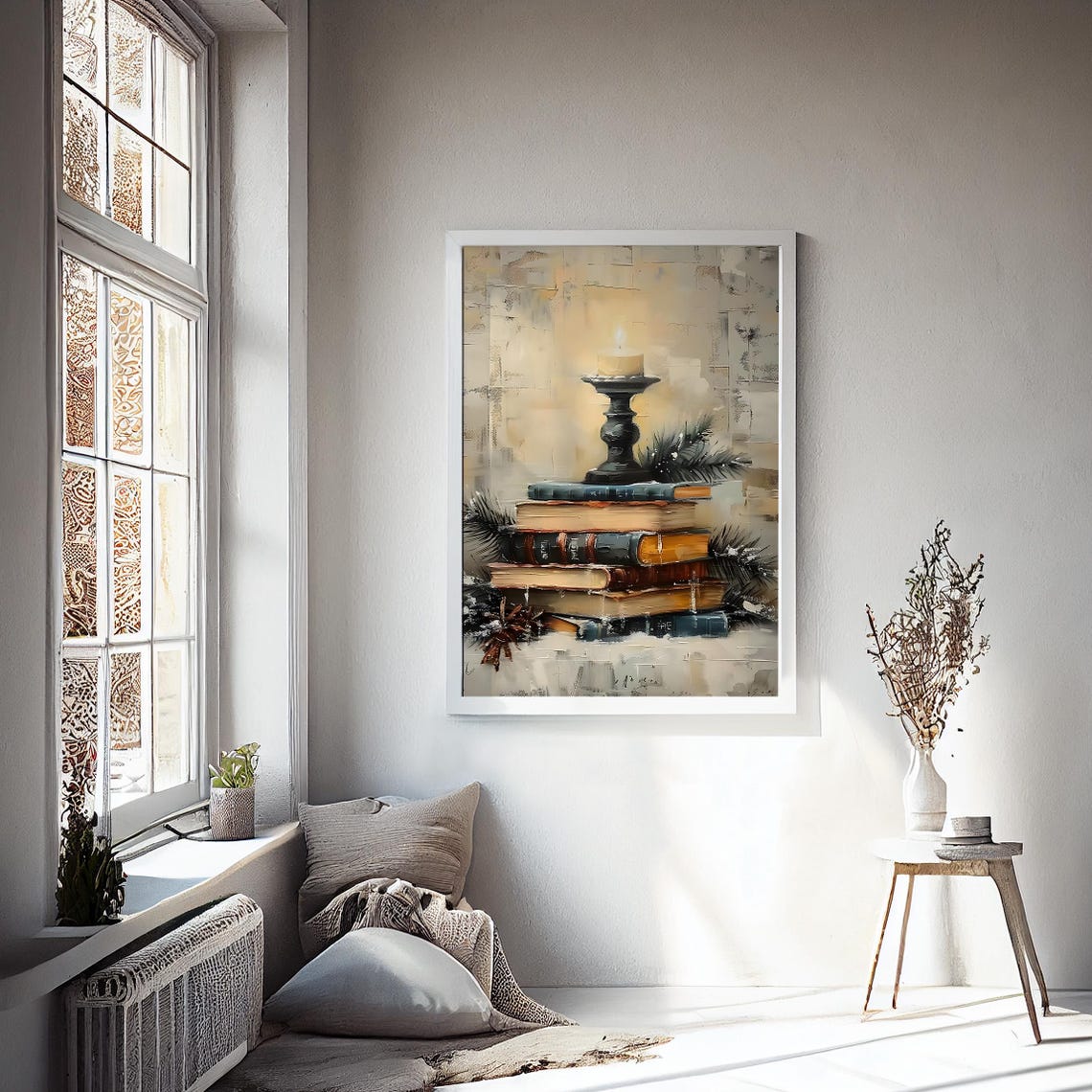 Lit Candle Antique Books Stack Winter Pine Vintage Wall Art Poster - Image 2