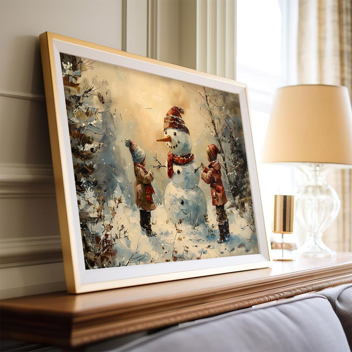 Two Children Building a Snowman in Golden Snowfall Art Poster