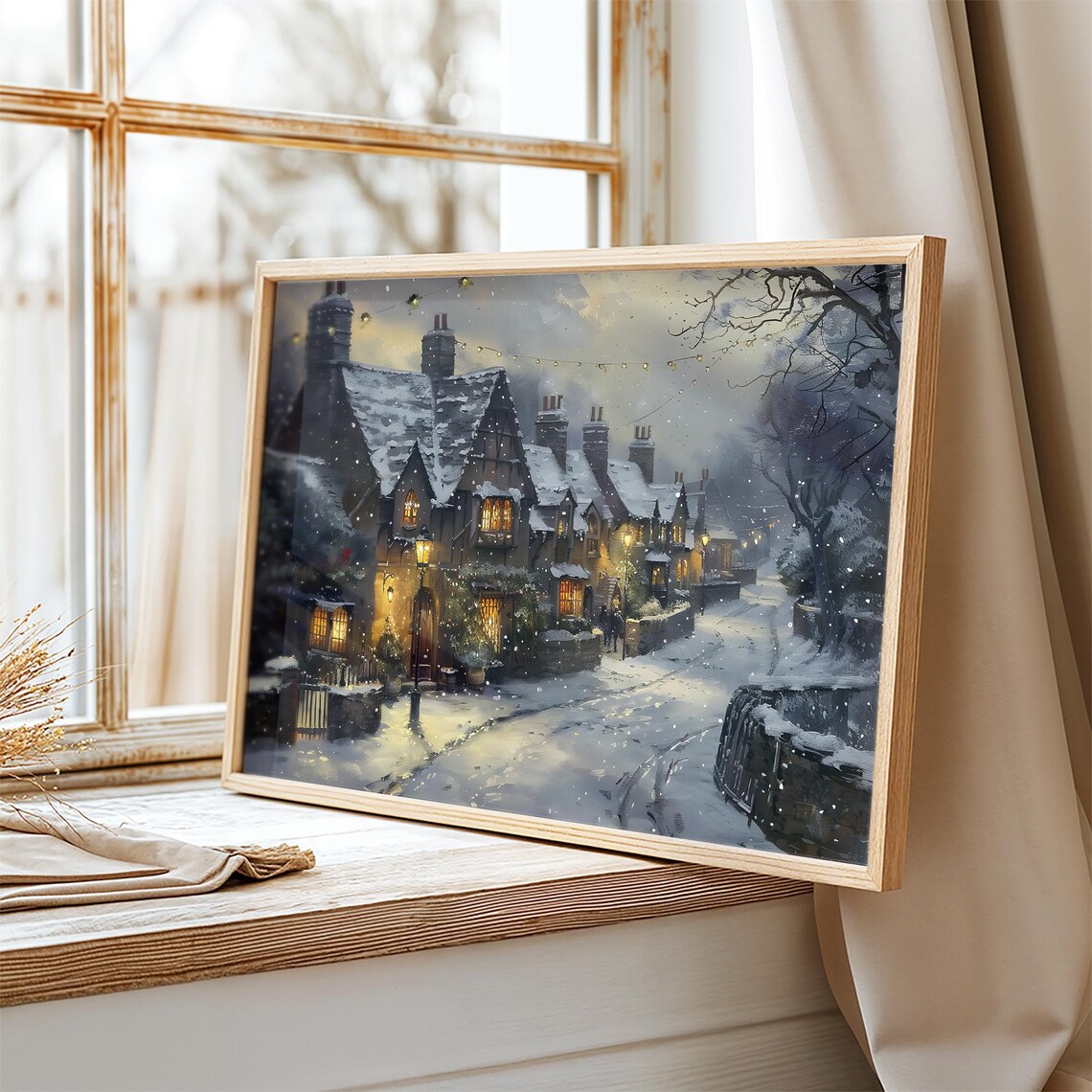 Snowy Cottage Street Night Lights Vintage Christmas Wall Art Poster - Image 2