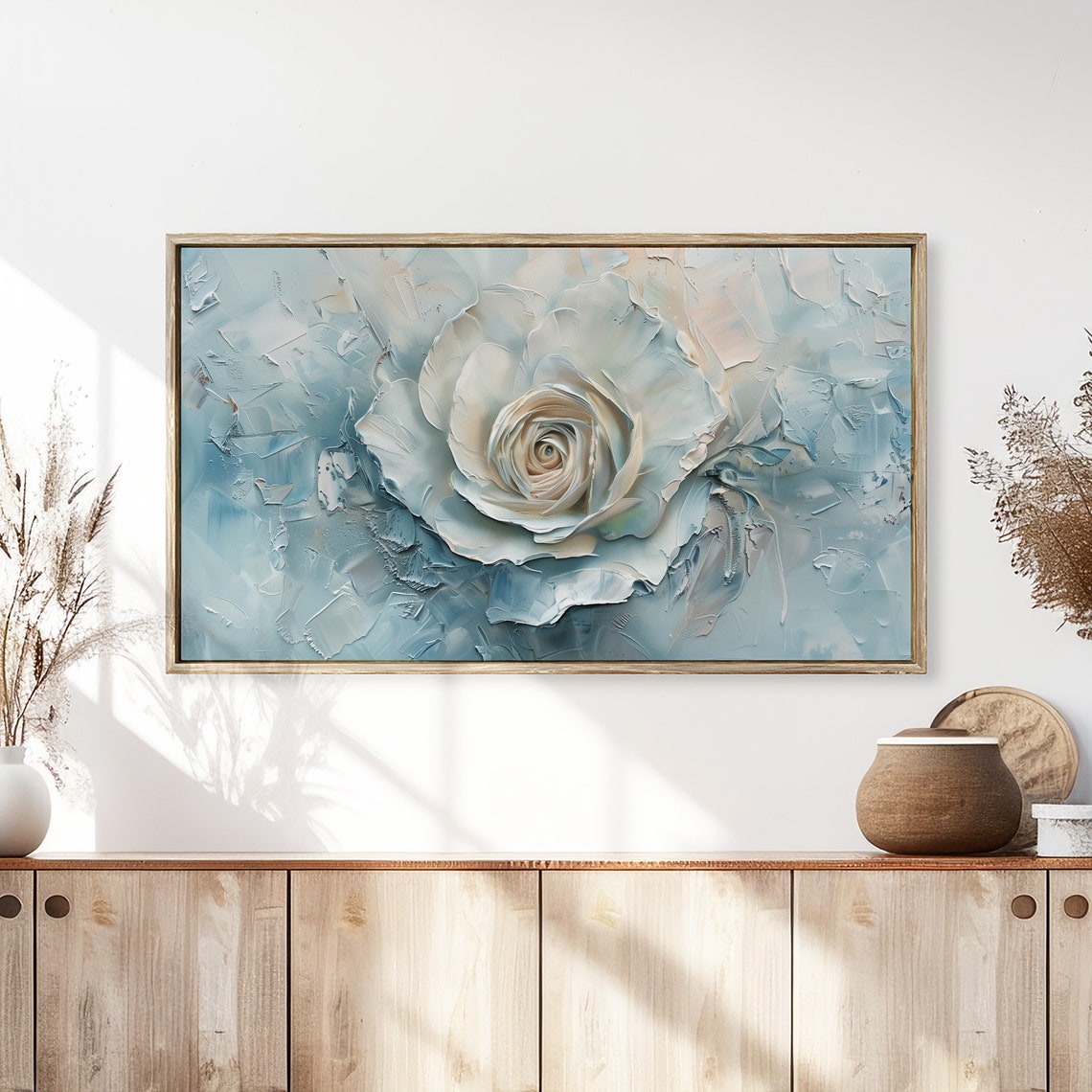 Blue White Rose Abstract Floral Textured Cool Painting Wall Art - Image 3