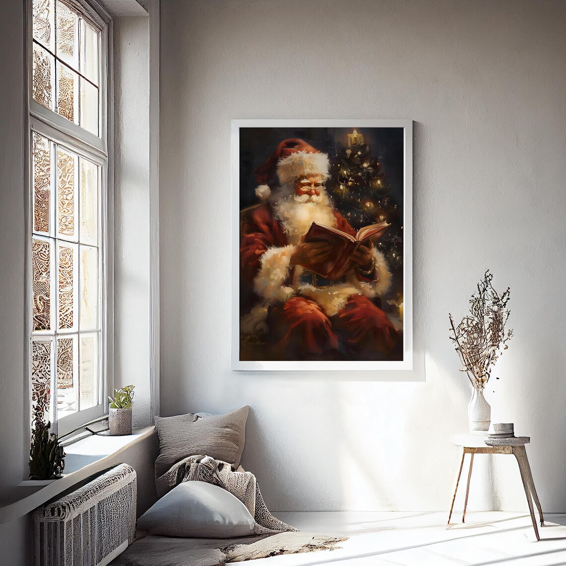 Santa Claus Reading Book By Christmas Tree Candlelight Wall Art Print - Image 2