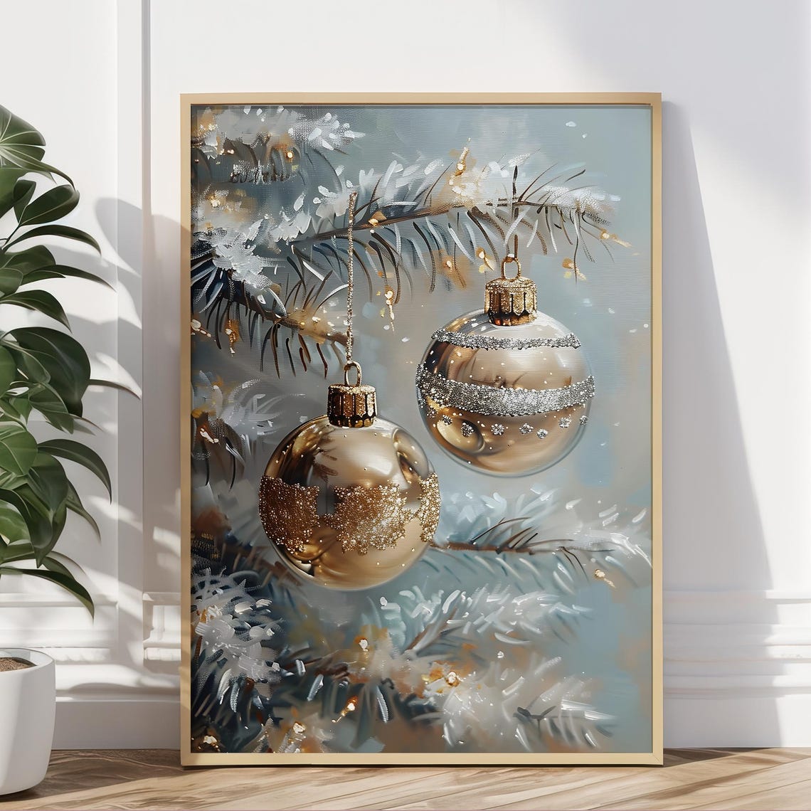 Frosted Golden Baubles Snowy Pine Branches Elegant Wall Art Poster - Image 5