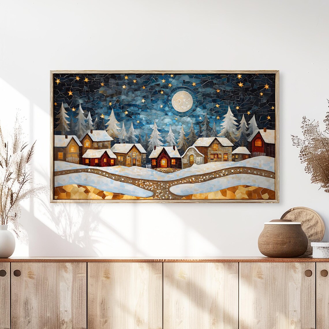 Frame Tv Art Mosaic Village Moonlit Sky Christmas Decor Winter Festive Painting Farmhouse Art Christmas Tv0196 - Image 3