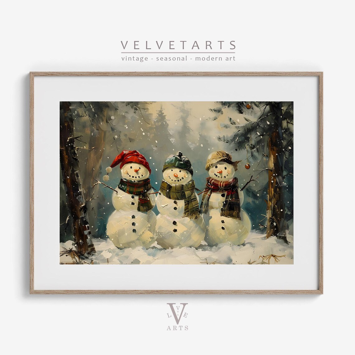 Frosty Snowman Trio With Festive Hats in Snowy Woods Wall Art - Image 5