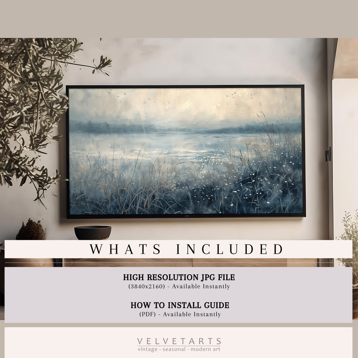 Misty Lake Dawn Wildflower Meadow Vintage Landscape Painting Wall Art - Image 4