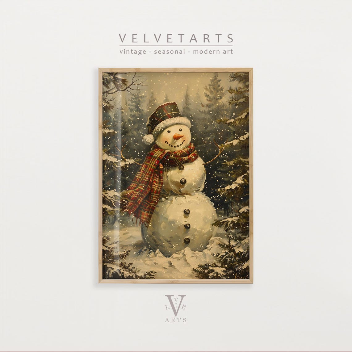 Smiling Snowman With Plaid Scarf and Hat Among Pines Wall Art