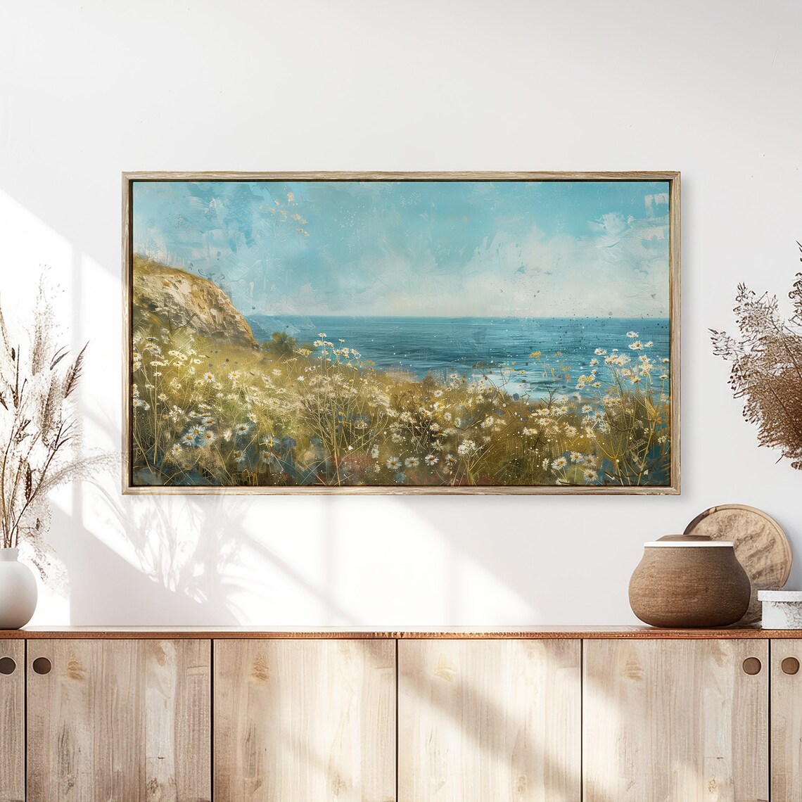 Coastal Daisies Meadow Cliff Overlooking Blue Sea Painting Poster - Image 3