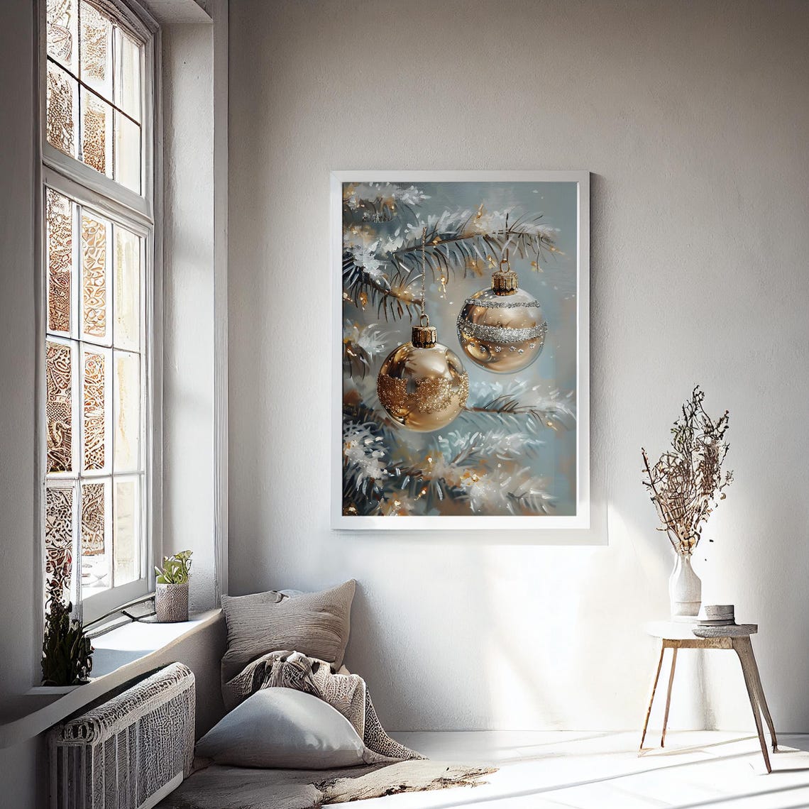 Frosted Golden Baubles Snowy Pine Branches Elegant Wall Art Poster - Image 2