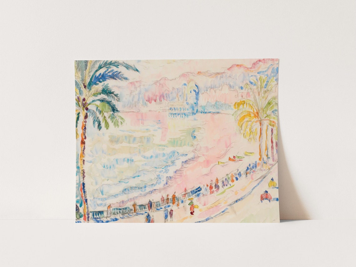 Mediterranean Palm Lined Seaside Promenade Pastel Watercolor Poster - Image 3