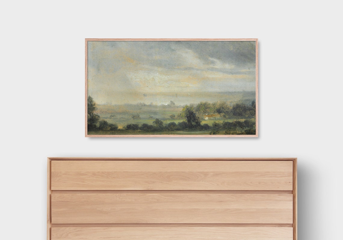 Misty Valley Cottage Distant Treeline Soft Vintage Landscape Poster - Image 2