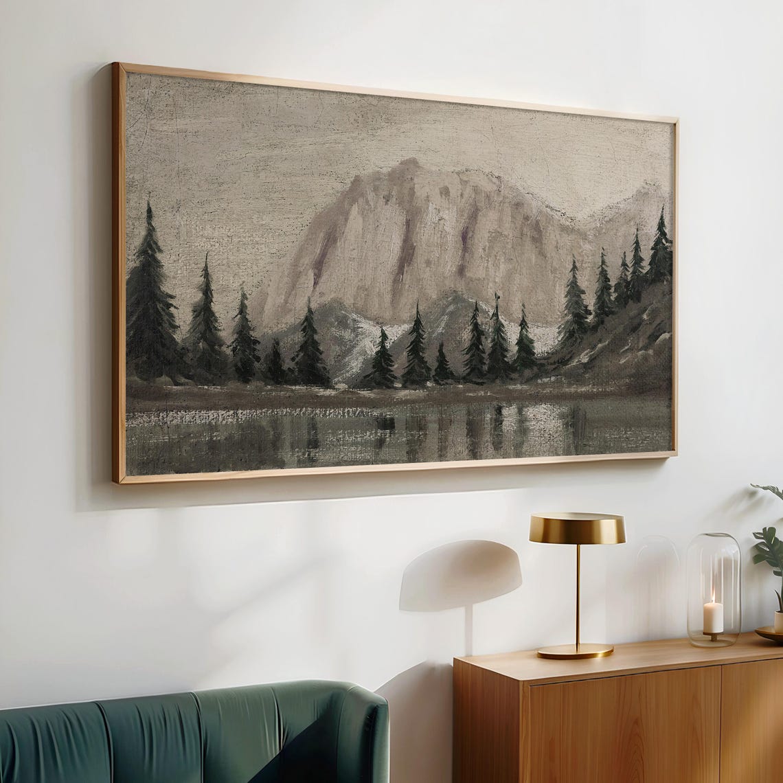 Misty Mountain Lake Pine Trees Vintage Winter Landscape Wall Poster - Image 2