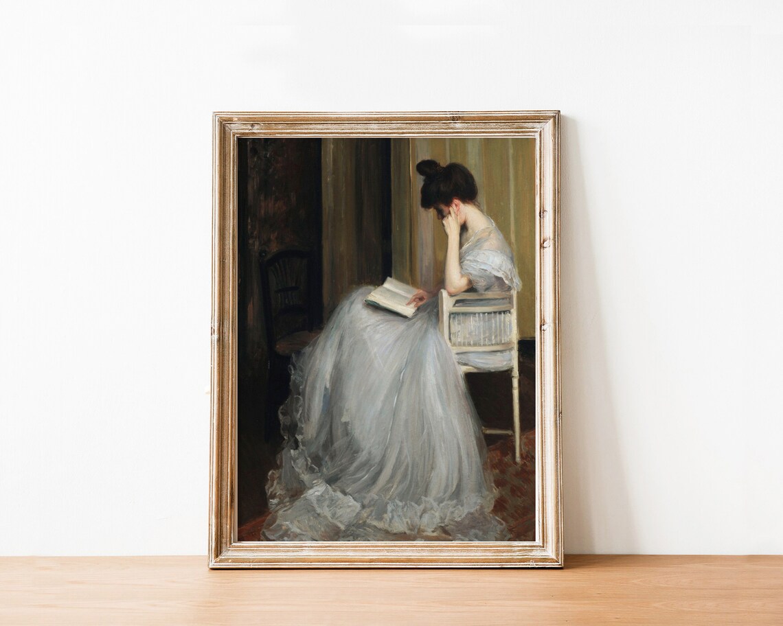 Woman in White Dress Reading Chair Vintage Classic Portrait Poster - Image 2