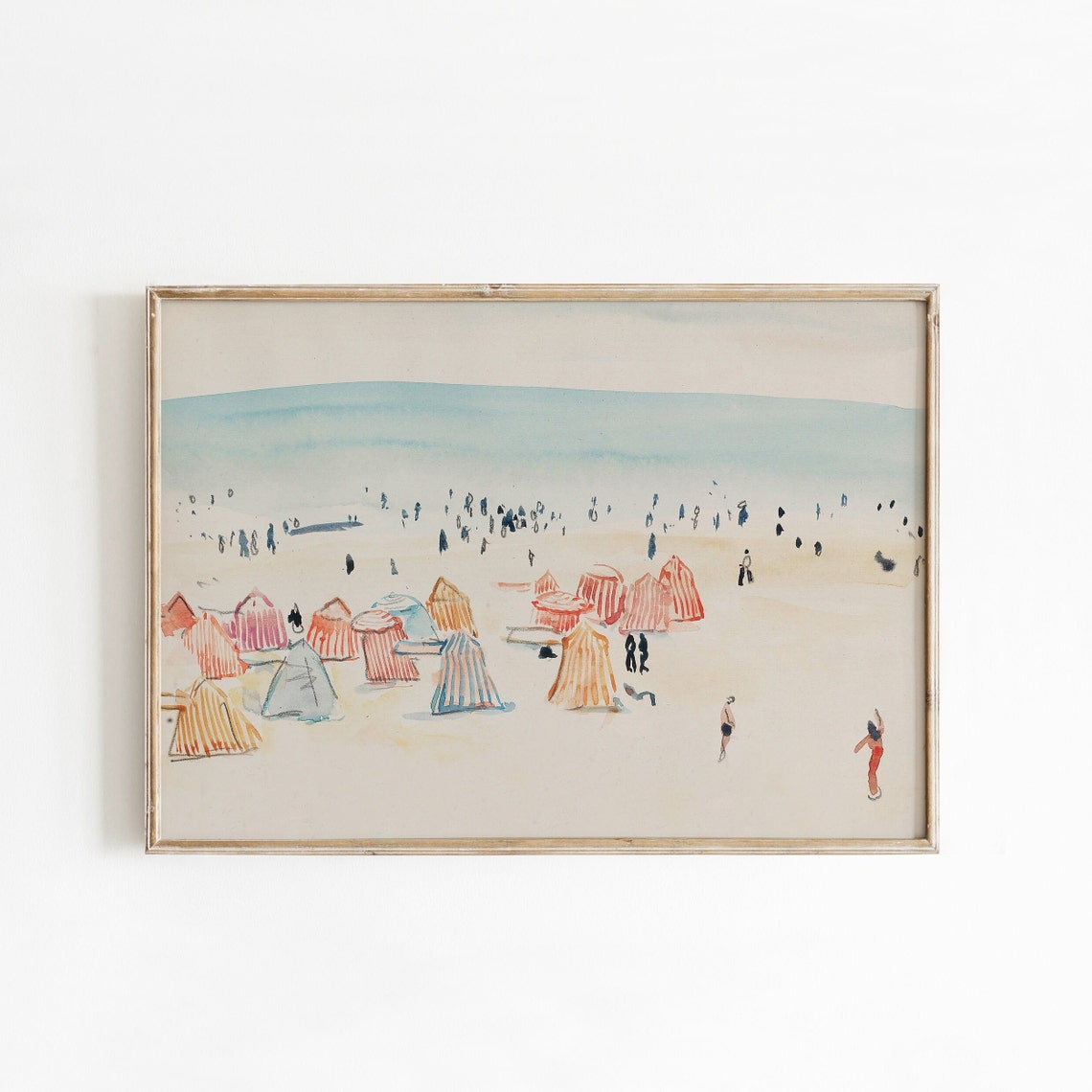 Striped Beach Tents Minimal Watercolor Sunny Coastline Poster - Image 3