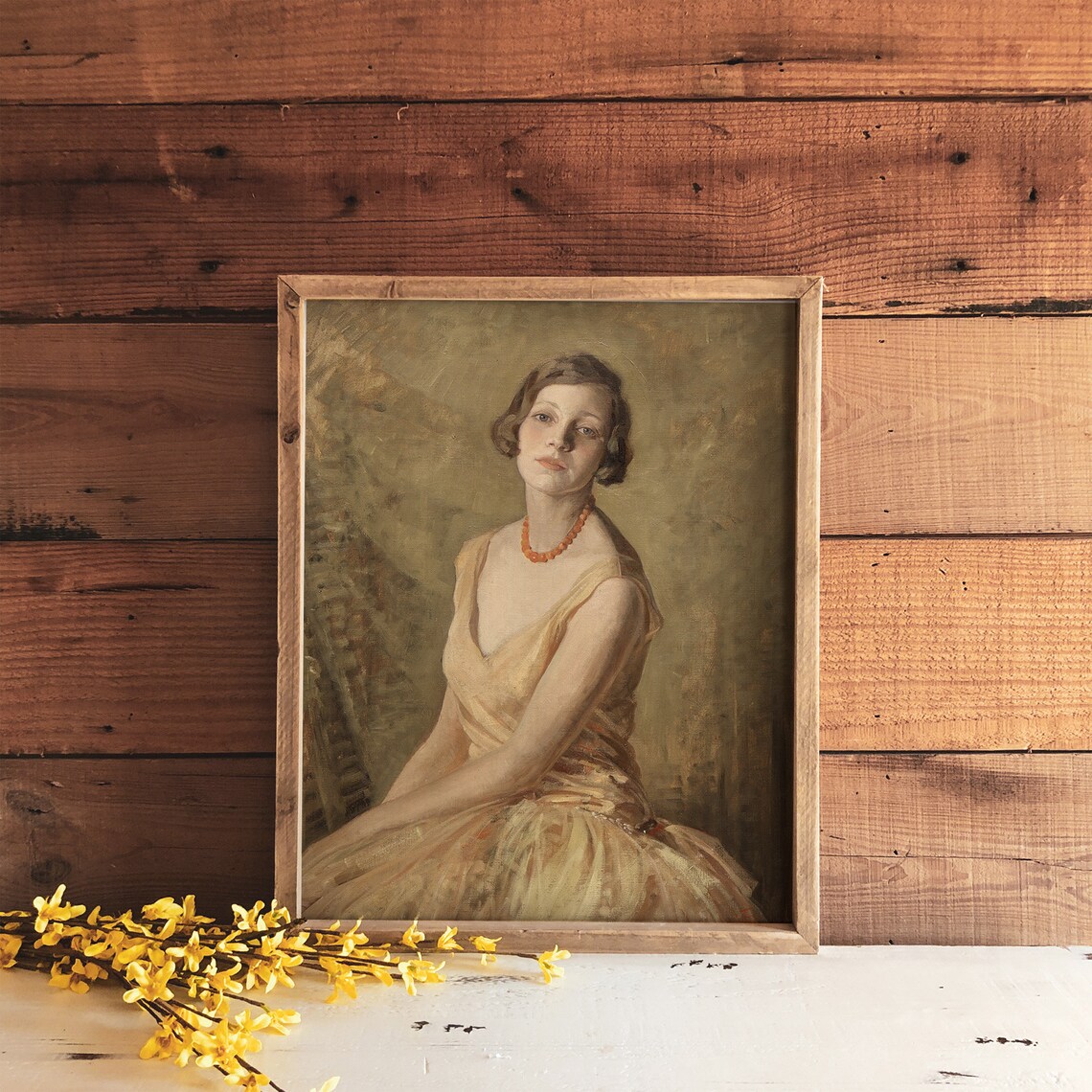 Vintage Woman Gold Dress Portrait Red Beads Elegant Classical Oil Painting Art - Image 4