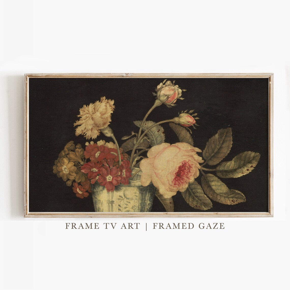 Vintage Rose And Carnation Still Life Dark Floral Frame TV Wall Art