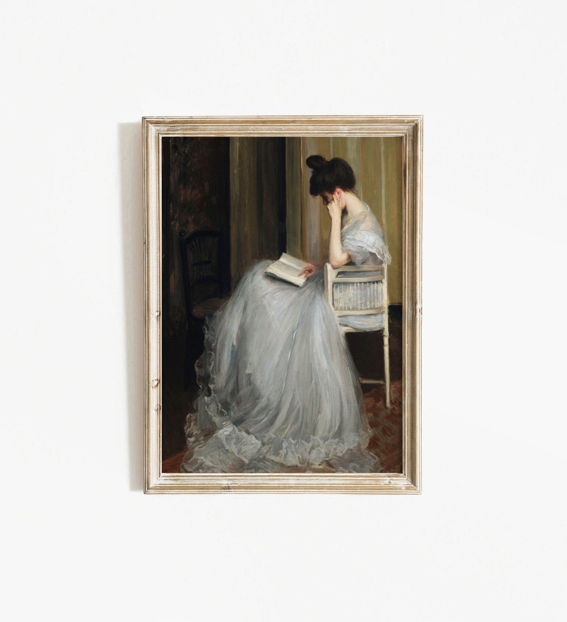 Woman in White Dress Reading Chair Vintage Classic Portrait Poster