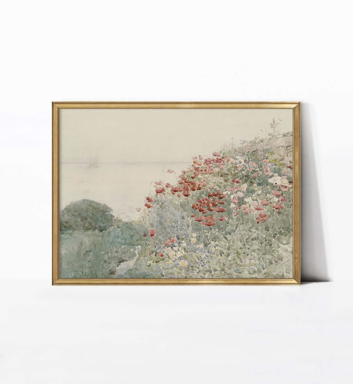 Pale Watercolor Poppy Flowers Coastal Cliff Overlooking Sea Poster
