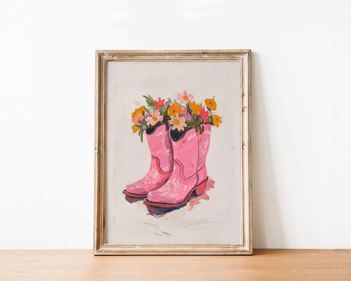 Pink Cowgirl Boots Bouquet Western Wildflowers Girly Wall Art Poster - Image 2