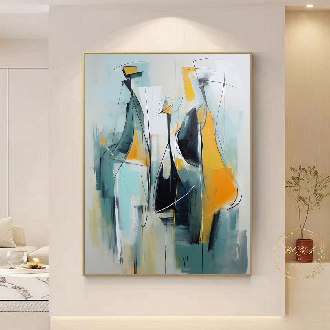 Minimalist Portrait Painting Picasso Art Large Green Abstract Painting Yellow Abstract Art Original Modern Art Figure Wall Art