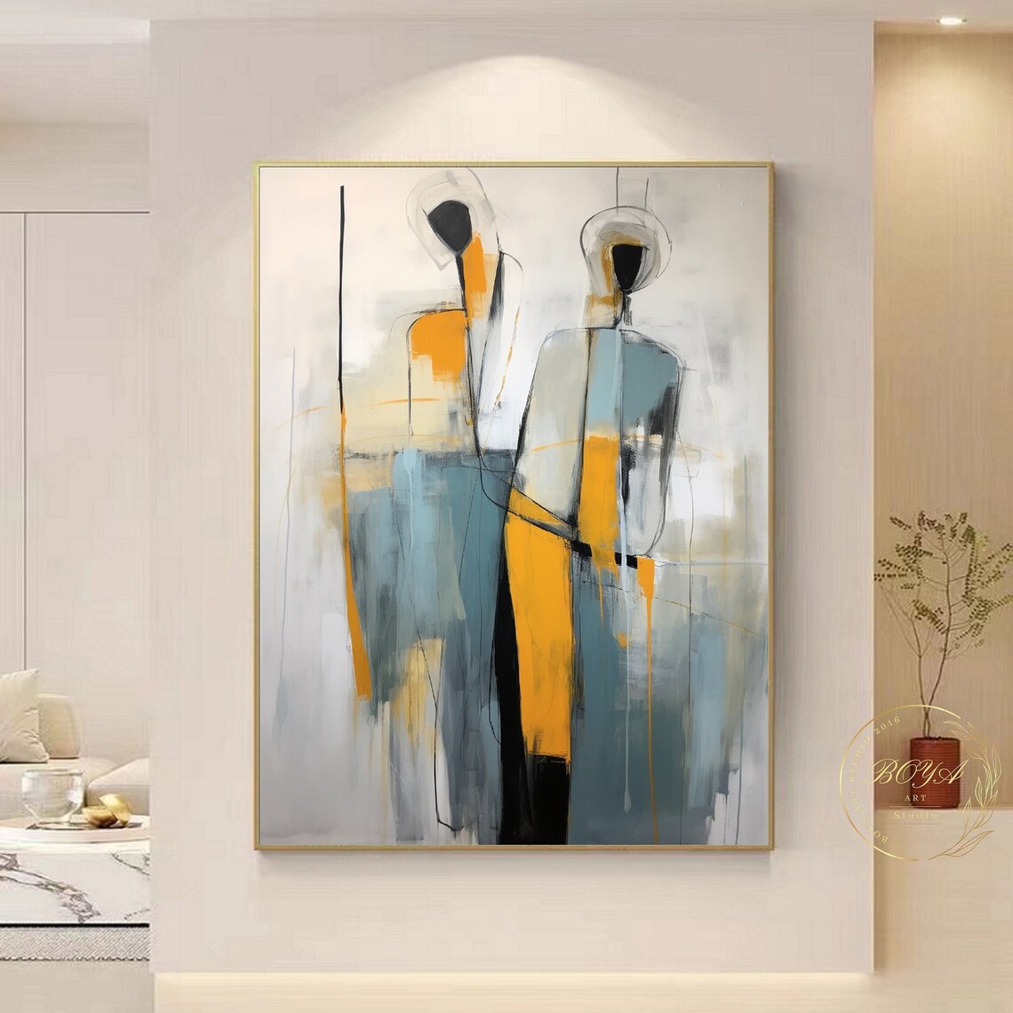Large Figure Abstract Painting, Yellow and Blue Art Print