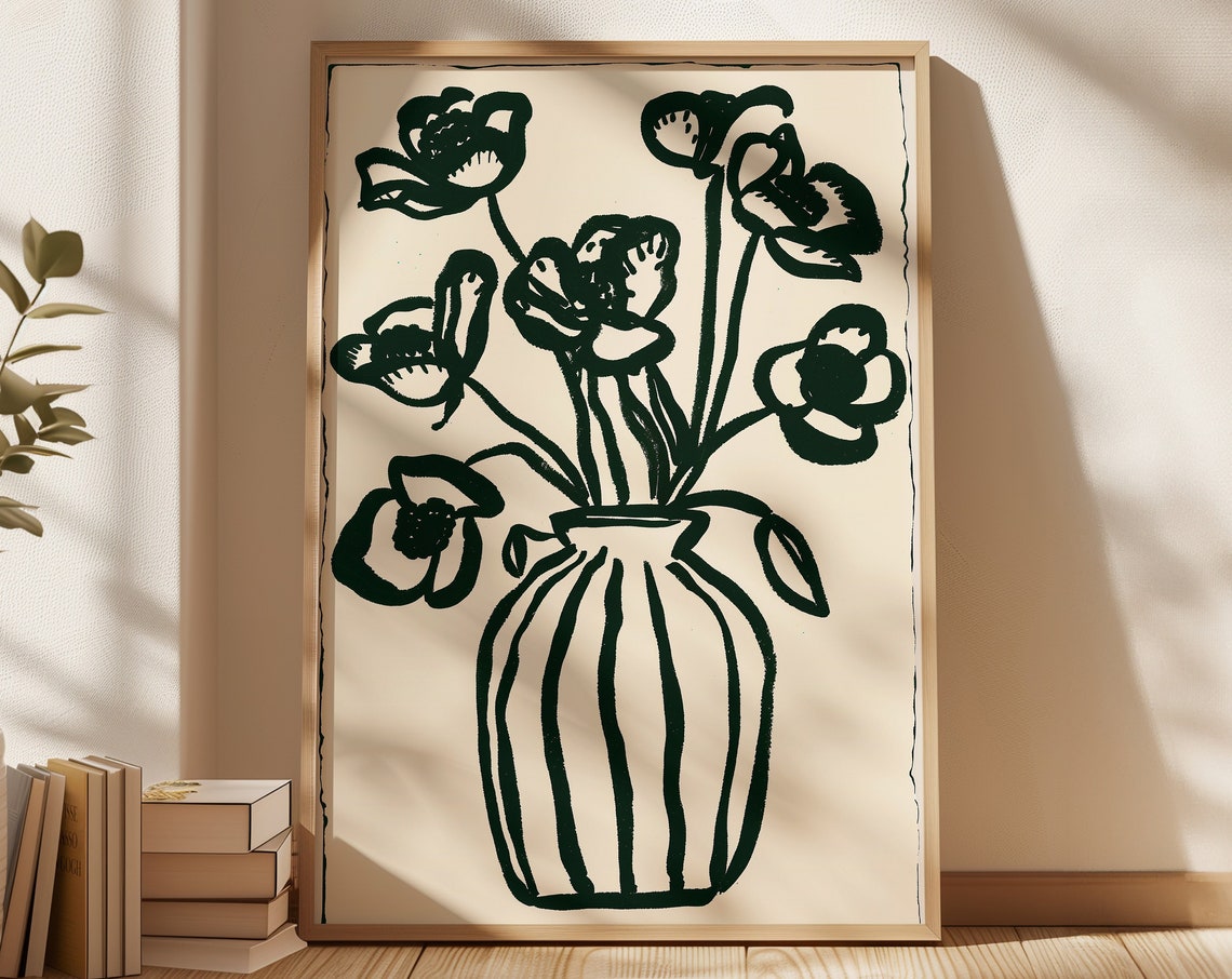 Abstract Black Ink Botanical Flowers Striped Vase Neutral Wall Poster