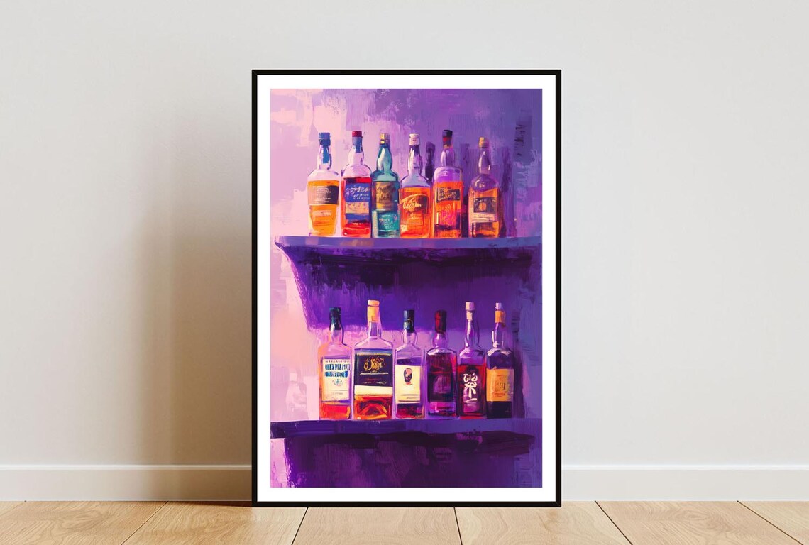 Vivid Purple Pop Art Whiskey Bottles Two Shelf Bar Painting Poster