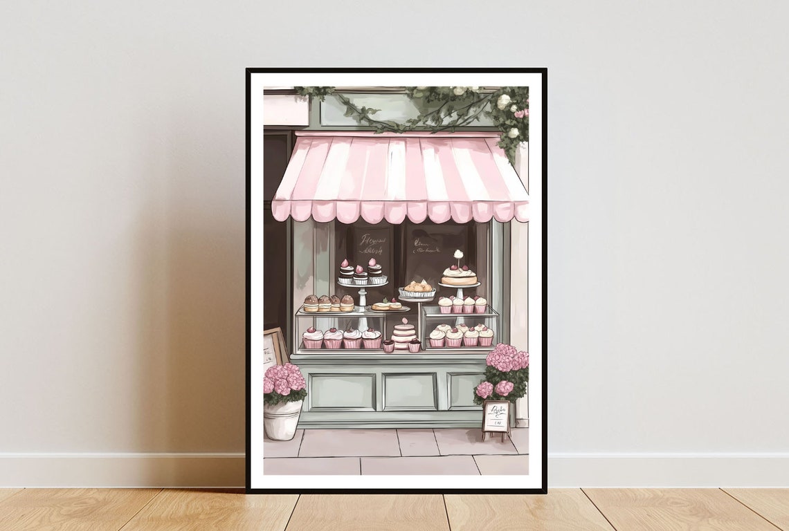 French Patisserie Shop Front with Pink Awning Cakes Cupcakes Poster