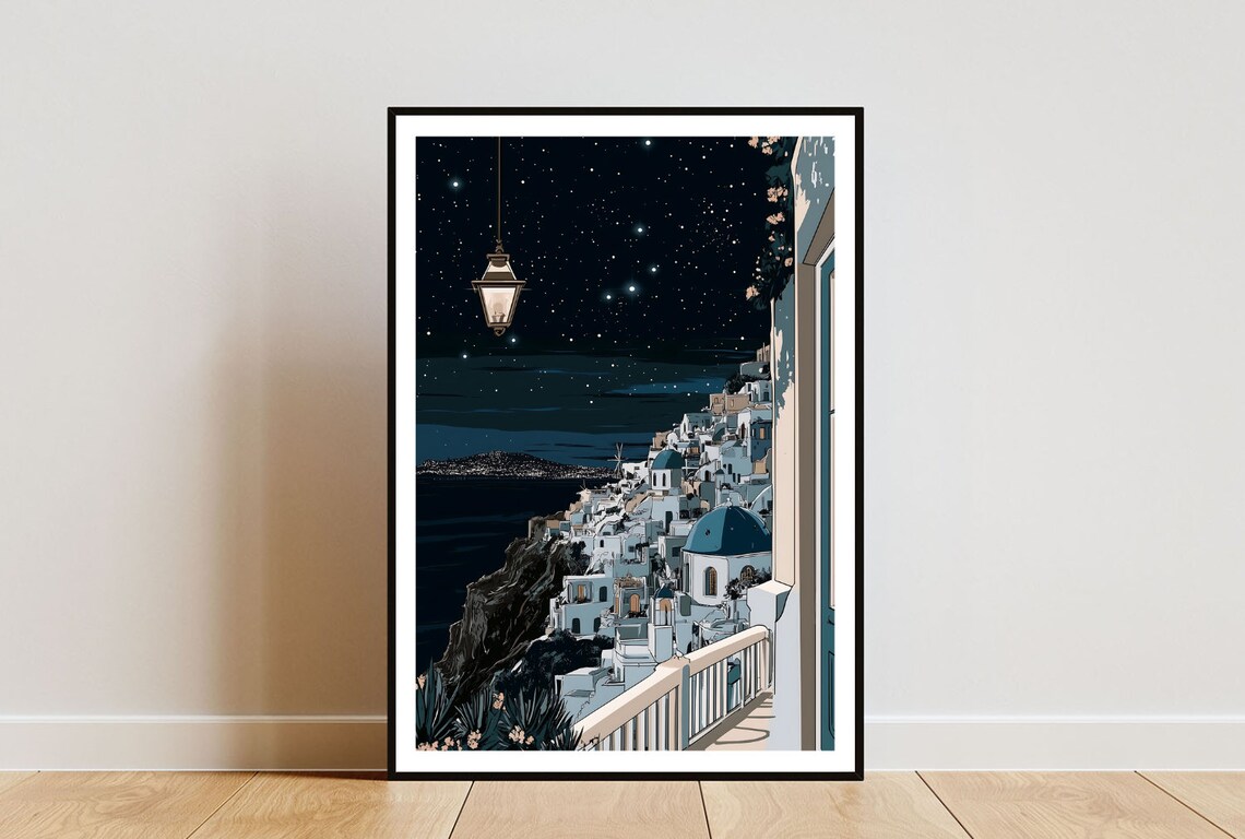 Santorini Greece Night Travel Poster White Houses Starry Sky